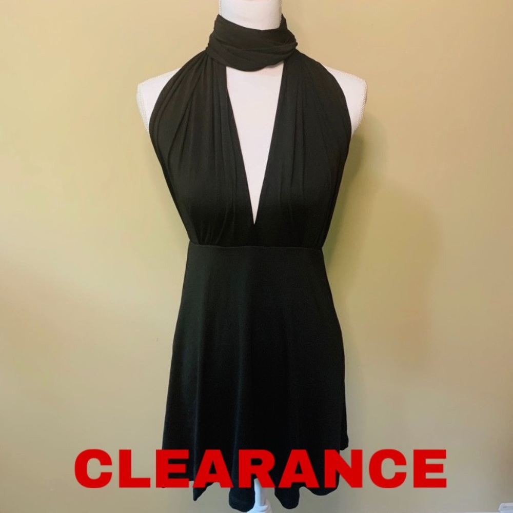 NWOT Black Mini Adjustable Halter Deep V Dress